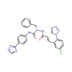 O=C(/C=C/c1cc(Cl)ccc1-n1cnnn1)N[C@@H](Cc1ccccc1)C(=O)Nc1ccc(-c2nc[nH]n2)cc1 ZINC000653717490