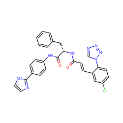 O=C(/C=C/c1cc(Cl)ccc1-n1cnnn1)N[C@@H](Cc1ccccc1)C(=O)Nc1ccc(-c2ncc[nH]2)cc1 ZINC000653717495