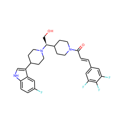 O=C(/C=C/c1cc(F)c(F)c(F)c1)N1CCC([C@H](CO)N2CCC(c3c[nH]c4ccc(F)cc34)CC2)CC1 ZINC000029044688