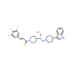 O=C(/C=C/c1cc(F)c(F)c(F)c1)N1CCC([C@H](CO)NC2CCC(c3c[nH]c4ccccc34)CC2)CC1 ZINC000073196023