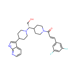 O=C(/C=C/c1cc(F)cc(F)c1)N1CCC([C@@H](CO)N2CCC(c3c[nH]c4ncccc34)CC2)CC1 ZINC000035873451