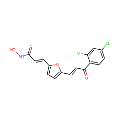 O=C(/C=C/c1ccc(/C=C/C(=O)c2ccc(Cl)cc2Cl)o1)NO ZINC000040893033