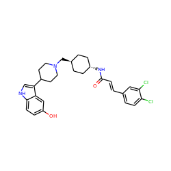 O=C(/C=C/c1ccc(Cl)c(Cl)c1)N[C@H]1CC[C@H](CN2CCC(c3c[nH]c4ccc(O)cc34)CC2)CC1 ZINC000101134431