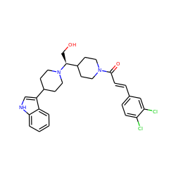 O=C(/C=C/c1ccc(Cl)c(Cl)c1)N1CCC([C@H](CO)N2CCC(c3c[nH]c4ccccc34)CC2)CC1 ZINC000029045135