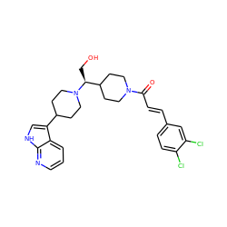 O=C(/C=C/c1ccc(Cl)c(Cl)c1)N1CCC([C@H](CO)N2CCC(c3c[nH]c4ncccc34)CC2)CC1 ZINC000035937447