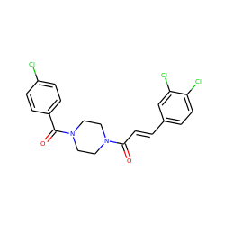 O=C(/C=C/c1ccc(Cl)c(Cl)c1)N1CCN(C(=O)c2ccc(Cl)cc2)CC1 ZINC000215283577