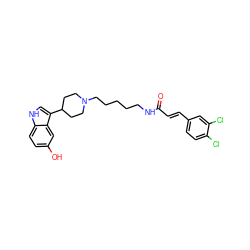 O=C(/C=C/c1ccc(Cl)c(Cl)c1)NCCCCCN1CCC(c2c[nH]c3ccc(O)cc23)CC1 ZINC000013527113