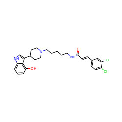 O=C(/C=C/c1ccc(Cl)c(Cl)c1)NCCCCCN1CCC(c2c[nH]c3cccc(O)c23)CC1 ZINC000029482694