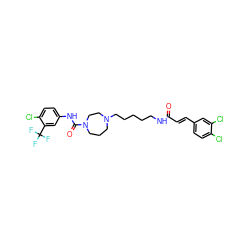 O=C(/C=C/c1ccc(Cl)c(Cl)c1)NCCCCCN1CCCN(C(=O)Nc2ccc(Cl)c(C(F)(F)F)c2)CC1 ZINC000036177581