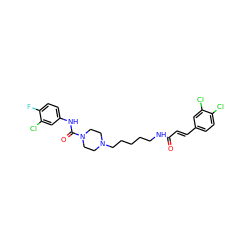 O=C(/C=C/c1ccc(Cl)c(Cl)c1)NCCCCCN1CCN(C(=O)Nc2ccc(F)c(Cl)c2)CC1 ZINC000028604074