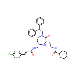 O=C(/C=C/c1ccc(Cl)cc1)NC[C@@H]1CCN(CC(c2ccccc2)c2ccccc2)C(=O)[C@H](CCNC(=O)C2CCCCC2)N1 ZINC000118689810