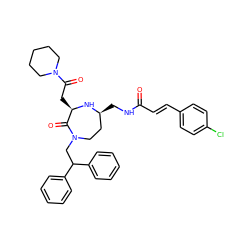 O=C(/C=C/c1ccc(Cl)cc1)NC[C@H]1CCN(CC(c2ccccc2)c2ccccc2)C(=O)[C@@H](CC(=O)N2CCCCC2)N1 ZINC000207803919