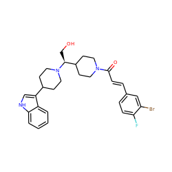 O=C(/C=C/c1ccc(F)c(Br)c1)N1CCC([C@H](CO)N2CCC(c3c[nH]c4ccccc34)CC2)CC1 ZINC000029045298