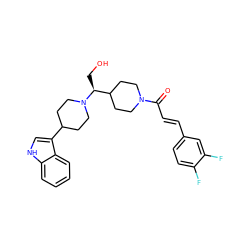 O=C(/C=C/c1ccc(F)c(F)c1)N1CCC([C@H](CO)N2CCC(c3c[nH]c4ccccc34)CC2)CC1 ZINC000029045426