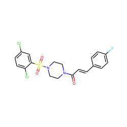 O=C(/C=C/c1ccc(F)cc1)N1CCN(S(=O)(=O)c2cc(Cl)ccc2Cl)CC1 ZINC000014693316