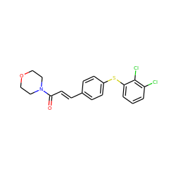 O=C(/C=C/c1ccc(Sc2cccc(Cl)c2Cl)cc1)N1CCOCC1 ZINC000013470533