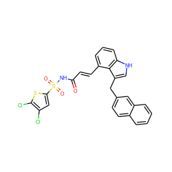 O=C(/C=C/c1cccc2[nH]cc(Cc3ccc4ccccc4c3)c12)NS(=O)(=O)c1cc(Cl)c(Cl)s1 ZINC000049723244