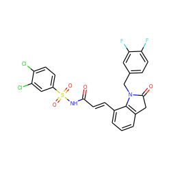 O=C(/C=C/c1cccc2c1N(Cc1ccc(F)c(F)c1)C(=O)C2)NS(=O)(=O)c1ccc(Cl)c(Cl)c1 ZINC000049780860