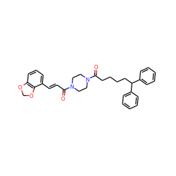 O=C(/C=C/c1cccc2c1OCO2)N1CCN(C(=O)CCCCC(c2ccccc2)c2ccccc2)CC1 ZINC000049055648