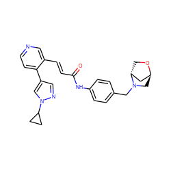 O=C(/C=C/c1cnccc1-c1cnn(C2CC2)c1)Nc1ccc(CN2C[C@H]3C[C@H]2CO3)cc1 ZINC001772584937