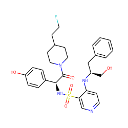 O=C([C@@H](NS(=O)(=O)c1cnccc1N[C@H](CO)Cc1ccccc1)c1ccc(O)cc1)N1CCC(CCF)CC1 ZINC000036093433