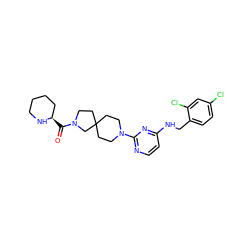 O=C([C@@H]1CCCCN1)N1CCC2(CCN(c3nccc(NCc4ccc(Cl)cc4Cl)n3)CC2)C1 ZINC000653845110