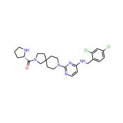 O=C([C@@H]1CCCN1)N1CCC2(CCN(c3nccc(NCc4ccc(Cl)cc4Cl)n3)CC2)C1 ZINC000653843480