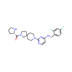 O=C([C@@H]1CCCN1)N1CCC2(CCN(c3nccc(NCc4ccc(F)cc4F)n3)CC2)C1 ZINC000653847477