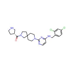 O=C([C@@H]1CCNC1)N1CCC2(CCN(c3nccc(NCc4ccc(Cl)cc4Cl)n3)CC2)C1 ZINC000653845073