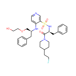 O=C([C@H](Cc1ccccc1)NS(=O)(=O)c1cnccc1N[C@H](COCCO)Cc1ccccc1)N1CCC(CCF)CC1 ZINC000027854826