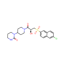 O=C([C@H](O)CS(=O)(=O)c1ccc2cc(Cl)ccc2c1)N1CCC(N2CCCNC2=O)CC1 ZINC000013986542