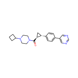 O=C([C@H]1C[C@@H]1c1ccc(-c2cncnc2)cc1)N1CCN(C2CCC2)CC1 ZINC000059050741