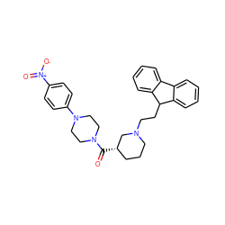 O=C([C@H]1CCCN(CCC2c3ccccc3-c3ccccc32)C1)N1CCN(c2ccc([N+](=O)[O-])cc2)CC1 ZINC000049032623