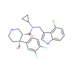 O=C([C@H]1CNCC[C@]1(O)c1ccc(F)c(F)c1)N(Cc1c[nH]c2cccc(Cl)c12)C1CC1 ZINC000073138640