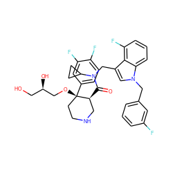 O=C([C@H]1CNCC[C@]1(OC[C@H](O)CO)c1ccc(F)c(F)c1)N(Cc1cn(Cc2cccc(F)c2)c2cccc(F)c12)C1CC1 ZINC000073139408