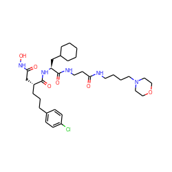 O=C(C[C@@H](CCCc1ccc(Cl)cc1)C(=O)N[C@@H](CC1CCCCC1)C(=O)NCCC(=O)NCCCCN1CCOCC1)NO ZINC000026387137