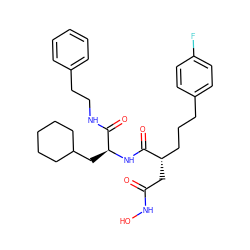 O=C(C[C@@H](CCCc1ccc(F)cc1)C(=O)N[C@@H](CC1CCCCC1)C(=O)NCCc1ccccc1)NO ZINC000013558488