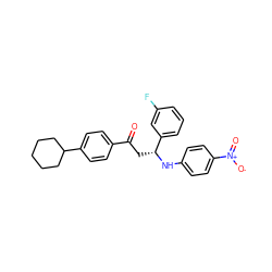 O=C(C[C@@H](Nc1ccc([N+](=O)[O-])cc1)c1cccc(F)c1)c1ccc(C2CCCCC2)cc1 ZINC000049802870