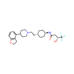 O=C(C[C@@H](O)C(F)(F)F)N[C@H]1CC[C@H](CCN2CCC(c3cccc4c3CCO4)CC2)CC1 ZINC000261112237