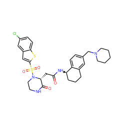 O=C(C[C@@H]1C(=O)NCCN1S(=O)(=O)c1cc2cc(Cl)ccc2s1)N[C@@H]1CCCc2cc(CN3CCCCC3)ccc21 ZINC000071340294