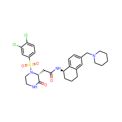 O=C(C[C@@H]1C(=O)NCCN1S(=O)(=O)c1ccc(Cl)c(Cl)c1)N[C@@H]1CCCc2cc(CN3CCCCC3)ccc21 ZINC000071334852