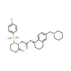 O=C(C[C@@H]1C(=O)NCCN1S(=O)(=O)c1ccc(Cl)cc1)N[C@@H]1CCCc2cc(CN3CCCCC3)ccc21 ZINC000071335435