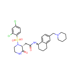 O=C(C[C@@H]1C(=O)NCCN1S(=O)(=O)c1ccc(Cl)cc1Cl)N[C@@H]1CCCc2cc(CN3CCCCC3)ccc21 ZINC000071332736