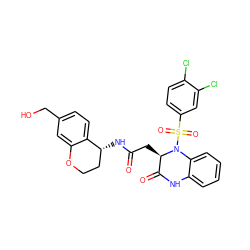 O=C(C[C@@H]1C(=O)Nc2ccccc2N1S(=O)(=O)c1ccc(Cl)c(Cl)c1)N[C@@H]1CCOc2cc(CO)ccc21 ZINC000049881924