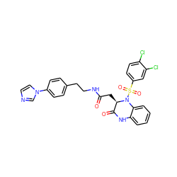 O=C(C[C@@H]1C(=O)Nc2ccccc2N1S(=O)(=O)c1ccc(Cl)c(Cl)c1)NCCc1ccc(-n2ccnc2)cc1 ZINC000028459032