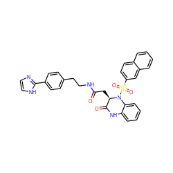 O=C(C[C@@H]1C(=O)Nc2ccccc2N1S(=O)(=O)c1ccc2ccccc2c1)NCCc1ccc(-c2ncc[nH]2)cc1 ZINC000028457463