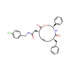 O=C(C[C@@H]1C/C=C/C[C@H](Cc2ccccc2)C(=O)N[C@H](c2ccccc2)COC1=O)NCc1ccc(Cl)cc1 ZINC000095574077