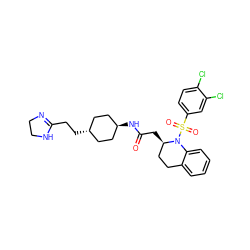 O=C(C[C@@H]1CCc2ccccc2N1S(=O)(=O)c1ccc(Cl)c(Cl)c1)N[C@H]1CC[C@H](CCC2=NCCN2)CC1 ZINC000261158751