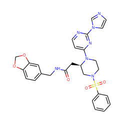 O=C(C[C@@H]1CN(S(=O)(=O)c2ccccc2)CCN1c1ccnc(-n2ccnc2)n1)NCc1ccc2c(c1)OCO2 ZINC000036089264