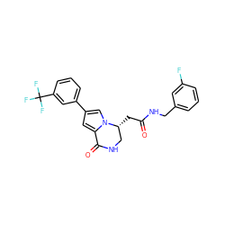 O=C(C[C@@H]1CNC(=O)c2cc(-c3cccc(C(F)(F)F)c3)cn21)NCc1cccc(F)c1 ZINC000169331602